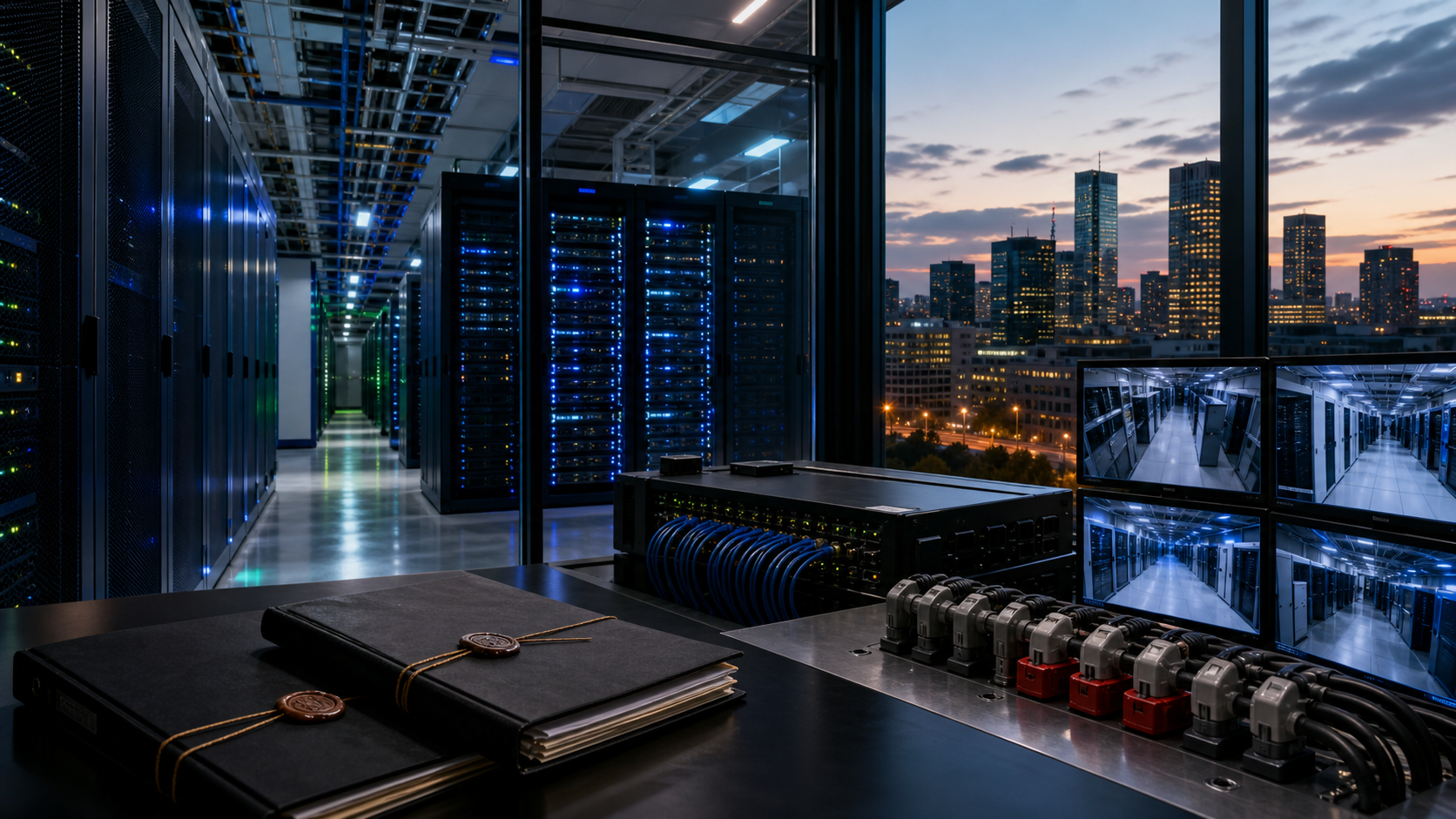 Belgian data-centre operations room with server halls, fibre cross-connects, power gear and sealed transaction folders for the Datacenter United closing.
