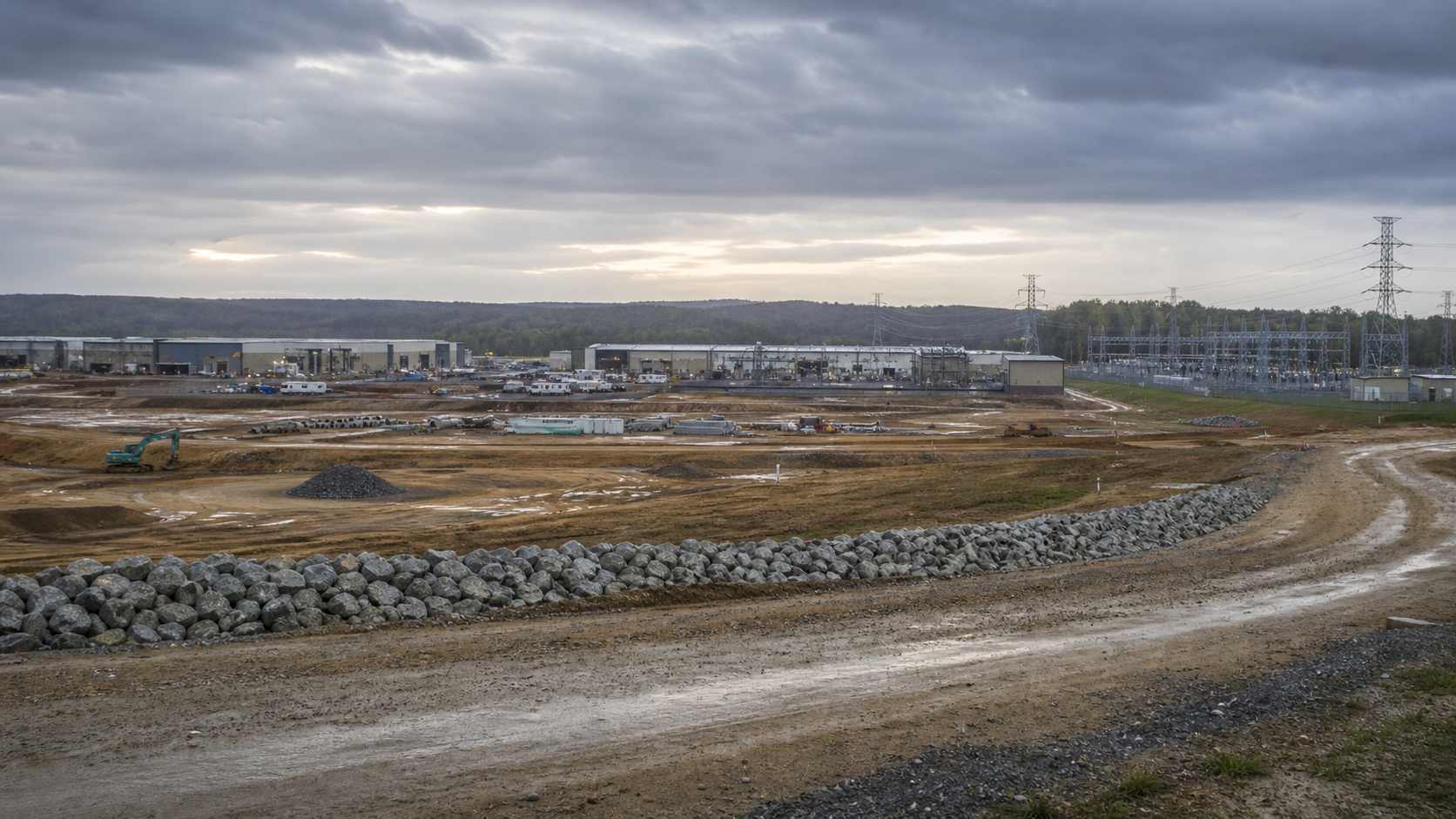 Generated editorial view of a Virginia data center campus construction site with substation infrastructure for EdgeCore's Louisa County plan