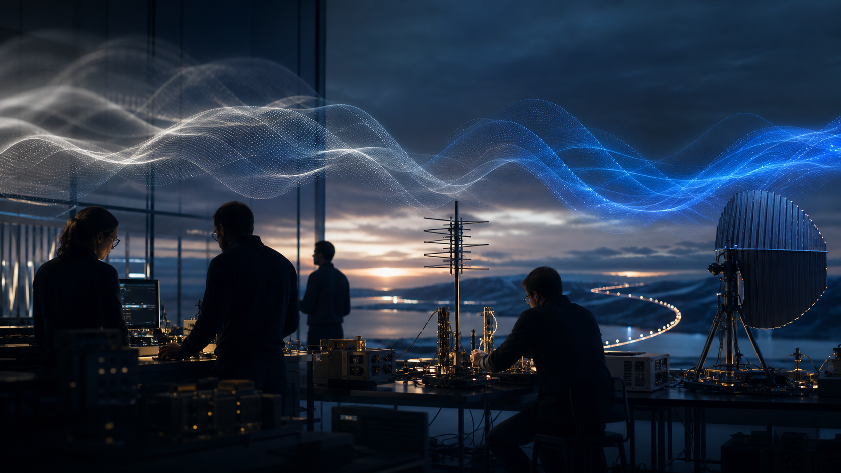 Generated cinematic visual of a Nordic telecom research lab showing a measured transition from 5G Advanced toward 6G