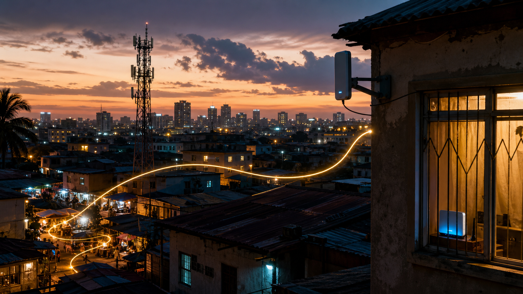 Dusk African city edge with a cellular tower, home fixed-wireless receiver and warm mobile-payment light trails