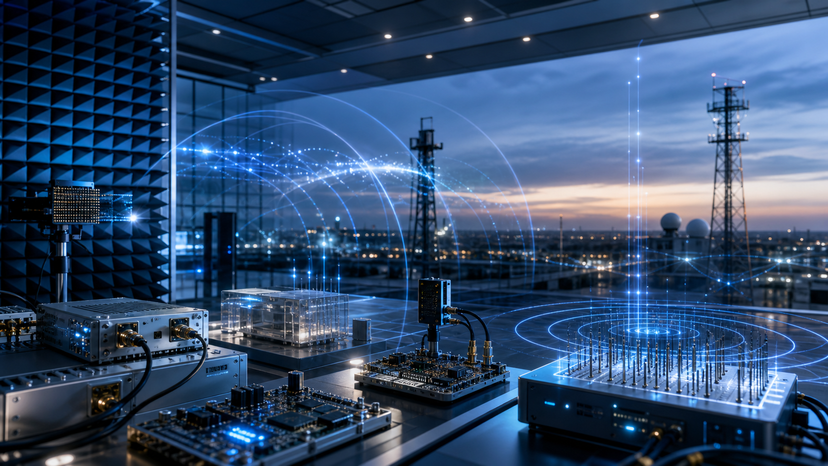 Futuristic wireless lab with radio prototypes, antenna chamber panels and blue signal arcs representing Ericsson and Qualcomm 6G prototype work.