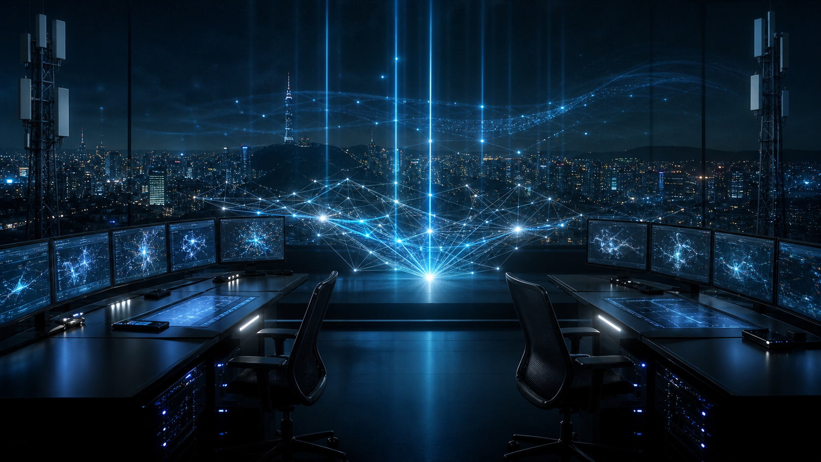 Generated editorial telecom lab scene showing an abstract 6G network lattice between two unbranded control desks over a night city