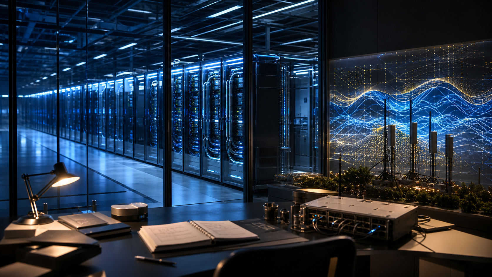 A European supercomputer hall beside an abstract 6G radio research desk, representing Ericsson and Forschungszentrum Jülich research collaboration