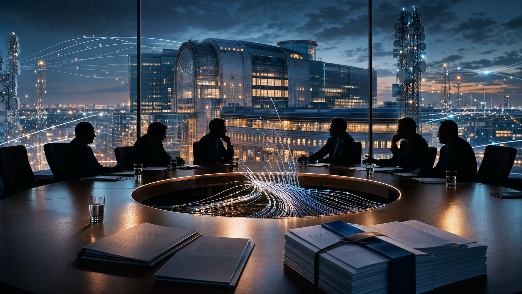 European telecom executives silhouetted around a Brussels policy table with fibre light paths and mobile towers outside, representing consolidation pressure and regulatory reform.