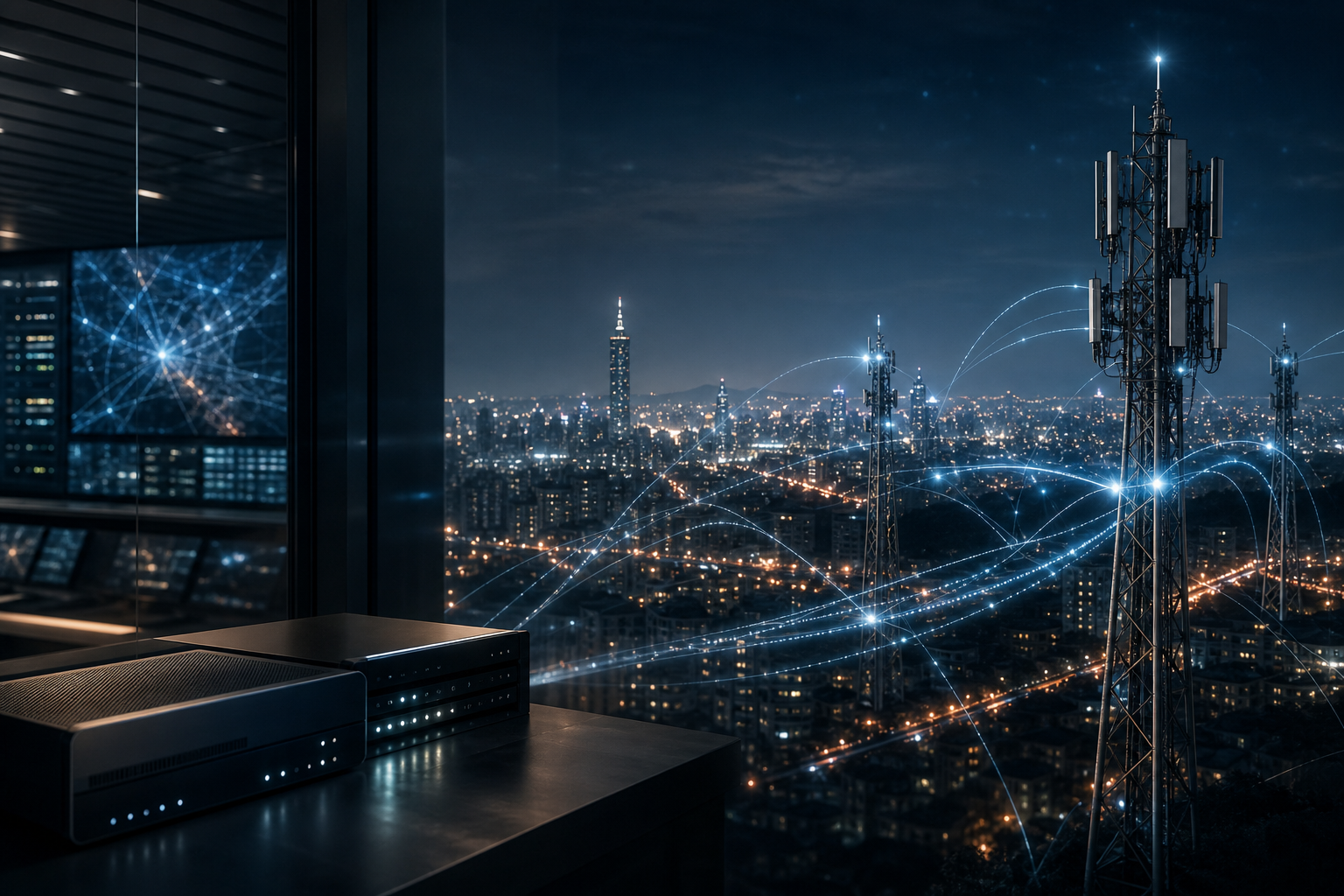 Generated editorial view of a Taiwan telecom operations room overlooking cell towers and abstract mobile network signal paths