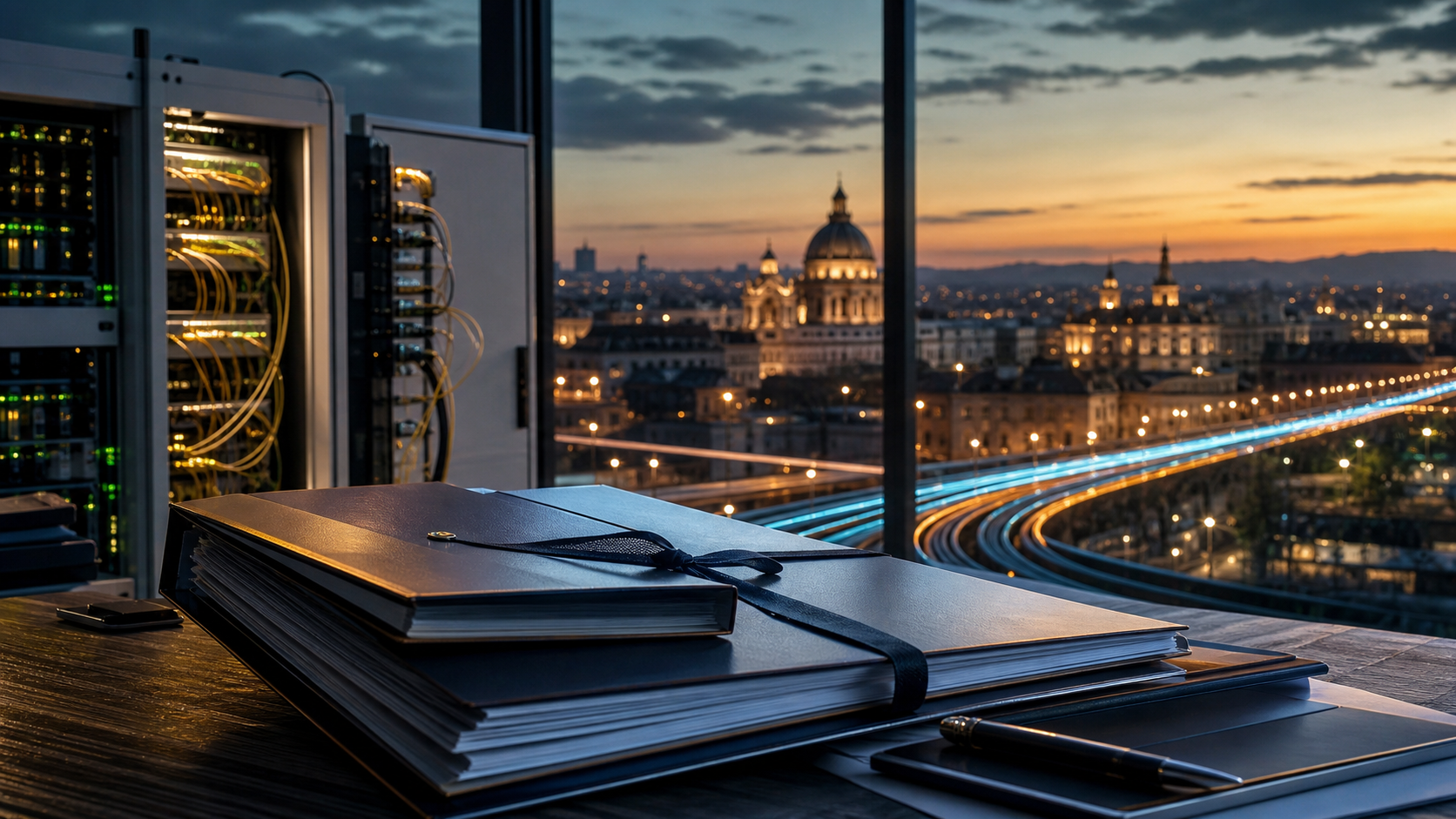 Italian fibre-network operations room with optical equipment and sealed finance folders representing FiberCop's enlarged bond pricing.