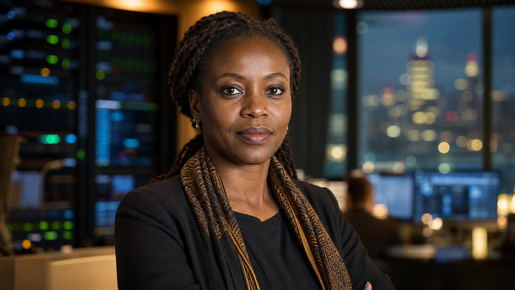 AI-generated editorial portrait representing Fiona Asonga in an East African Internet governance and network-operations setting