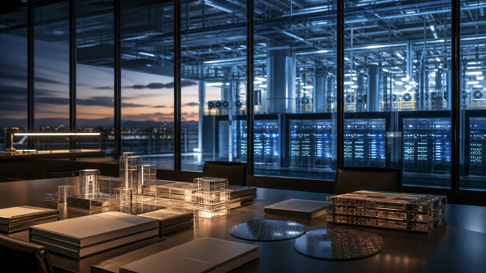 Analyst war room overlooking a data center with blank research binders and silicon wafers, representing Gartner's AI spending forecast.