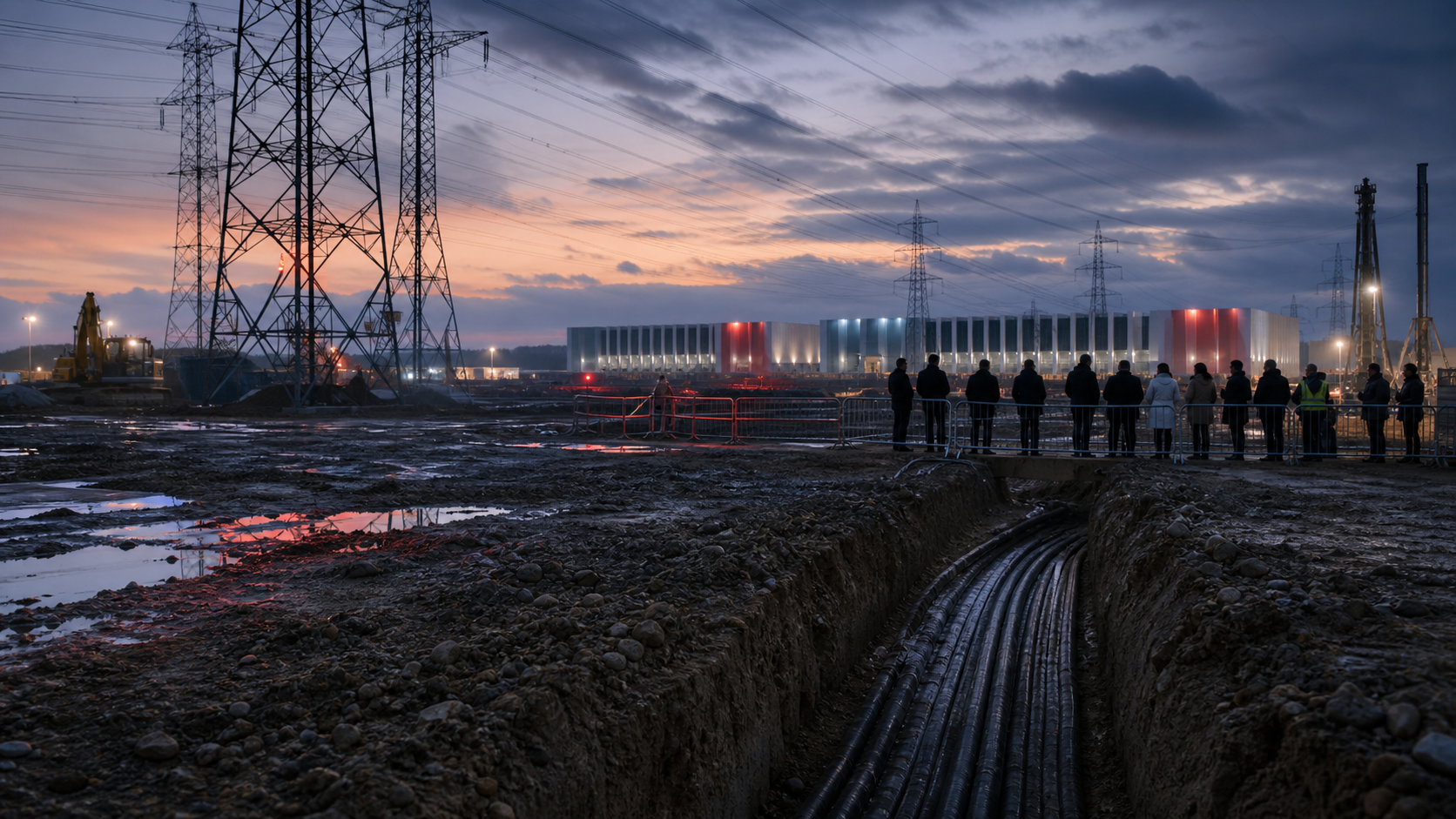 French industrial data-centre construction site at dusk with power pylons, fibre trenches and observers behind a safety barrier.