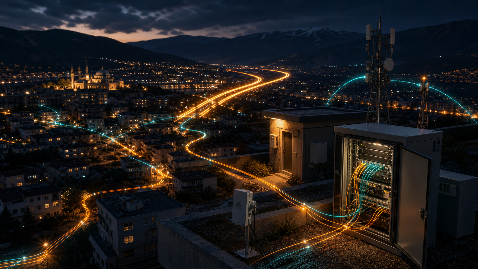 Generated editorial visual of a Turkish regional internet provider network hub representing Hipernet Telekomunikasyon