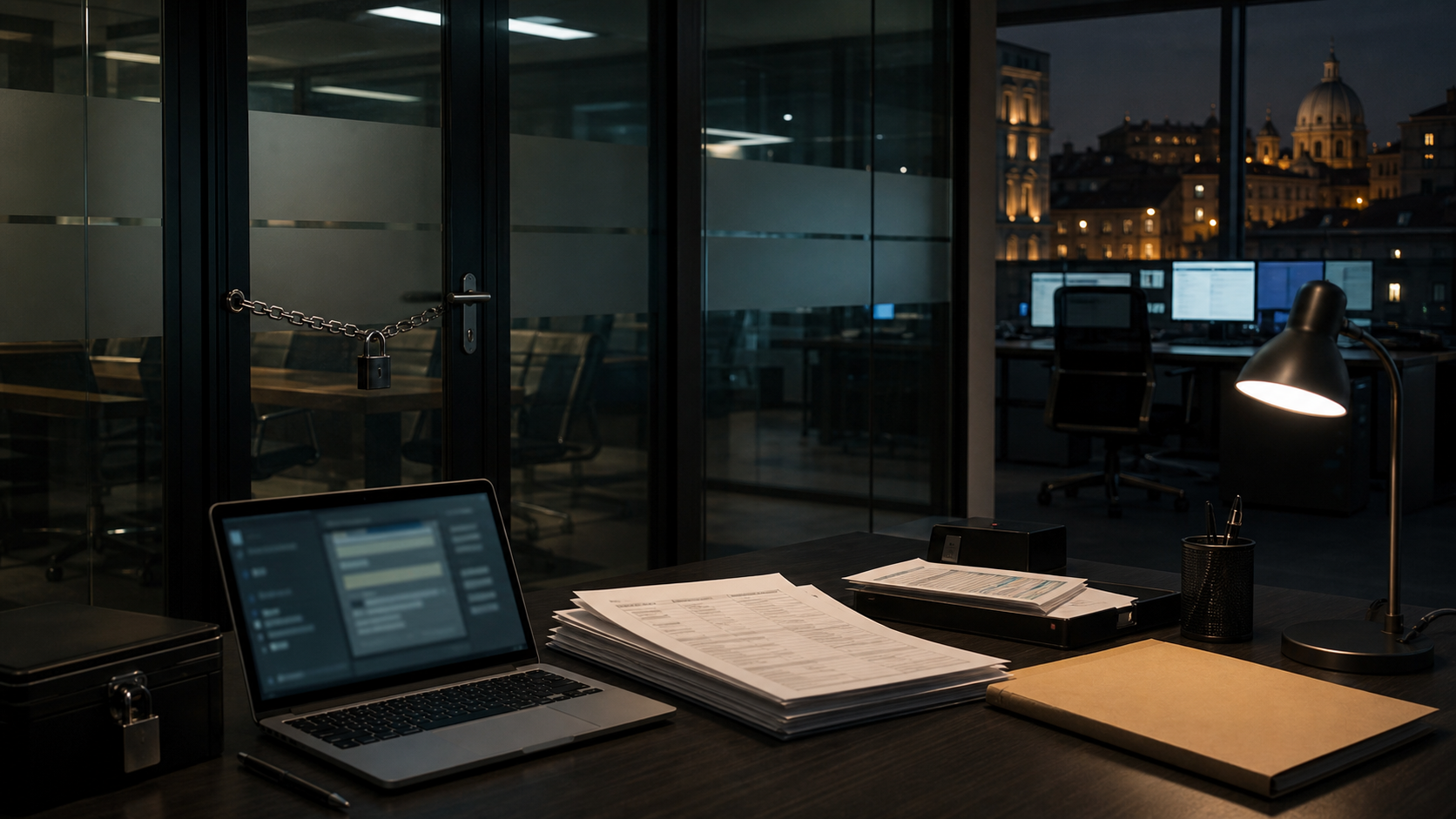 Generated editorial scene of an Italian bank compliance office with access logs and locked controls after an insider data breach