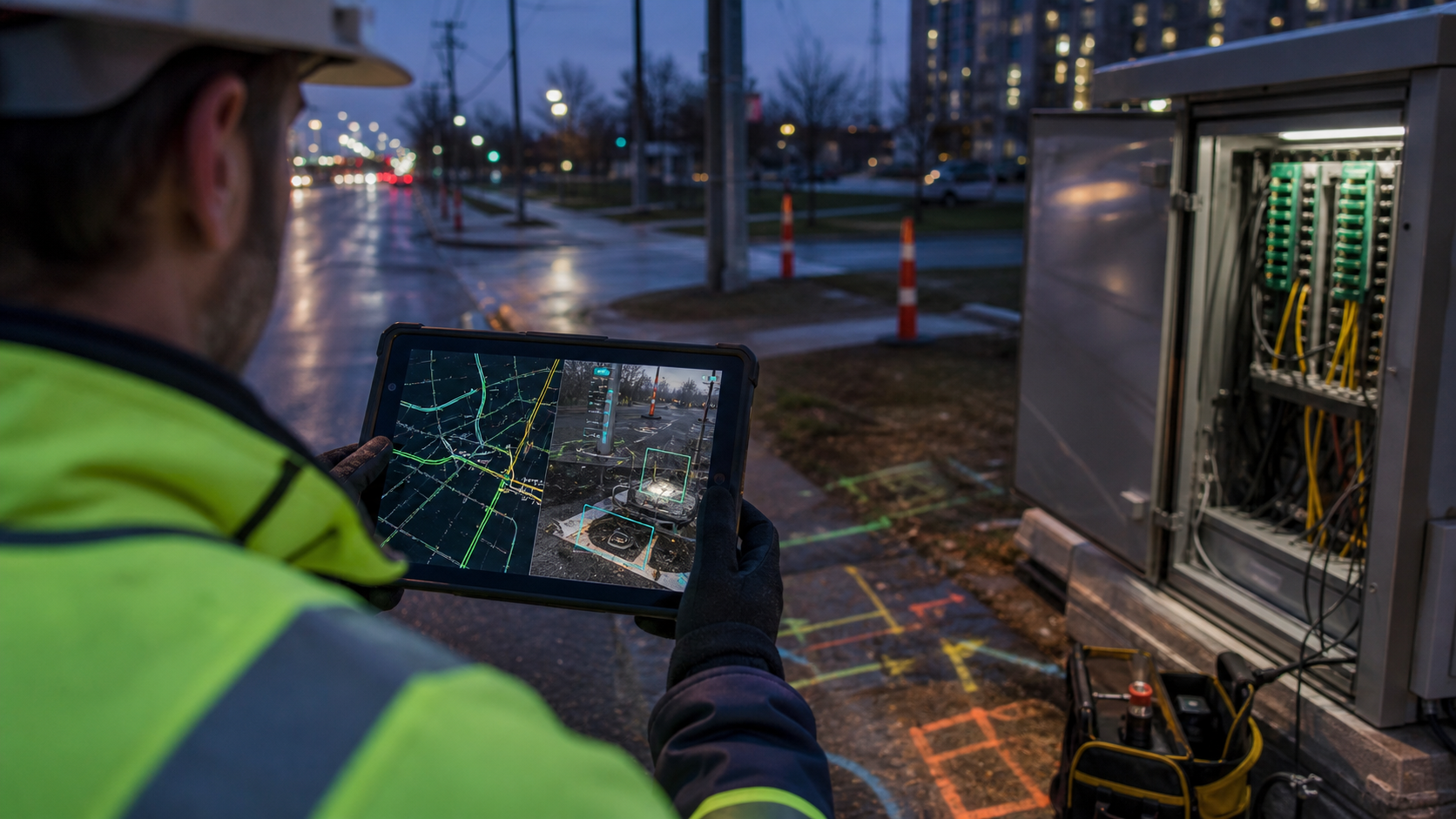 Field technician viewing a geospatial network map and computer-vision verification overlays beside telecom infrastructure.