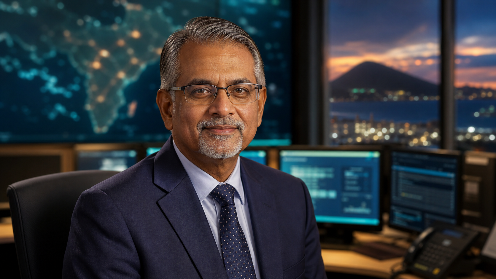 AI editorial portrait of Kaleem Ahmed Usmani in a Mauritius cyber-response and internet-governance setting