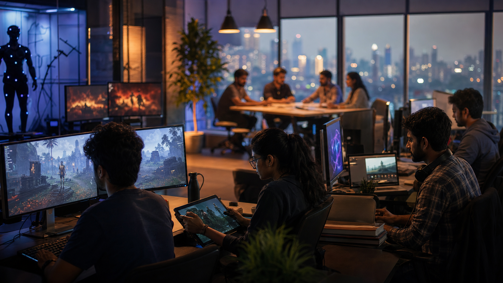 Generated cinematic editorial visual of an Indian game studio and startup investment meeting at dusk