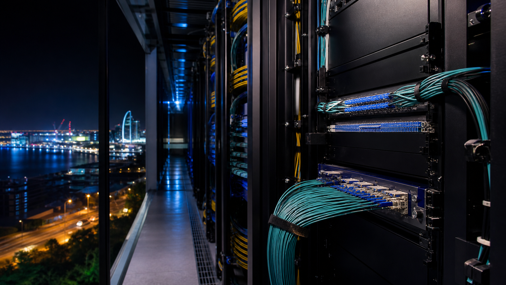 Night-time Accra data-centre interconnection scene with fibre cross-connects, equipment racks and a coastal gateway mood for LINX Accra.
