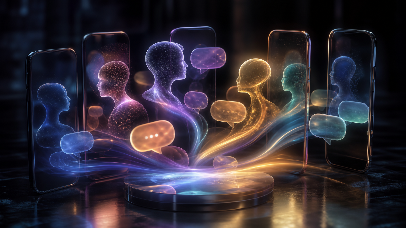 Generated editorial scene of glowing AI personalities emerging from chat bubbles into phone-like social and messaging surfaces