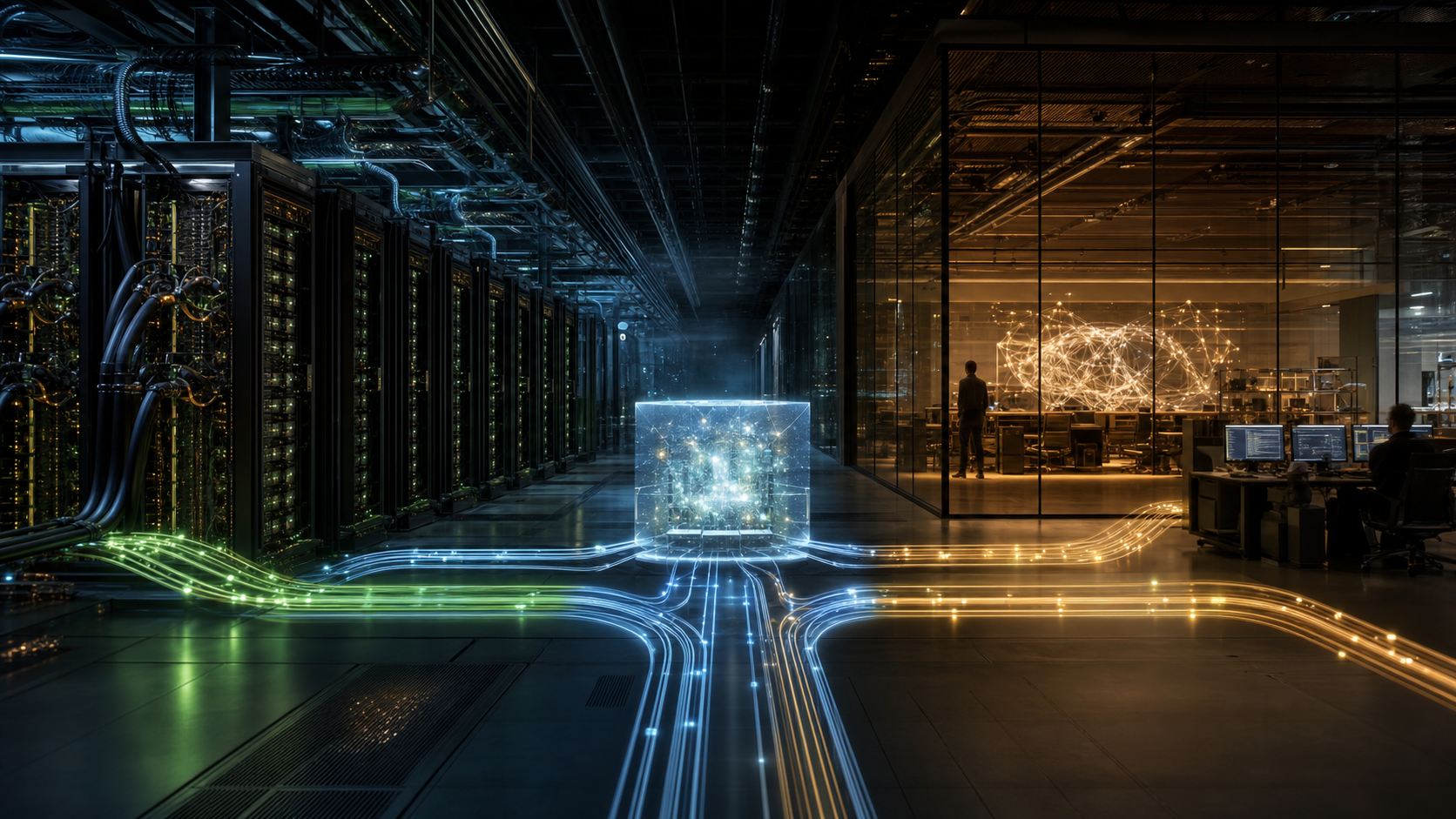 A cinematic AI infrastructure scene where GPU racks, cloud operations and a frontier-model lab converge around a glowing model endpoint.