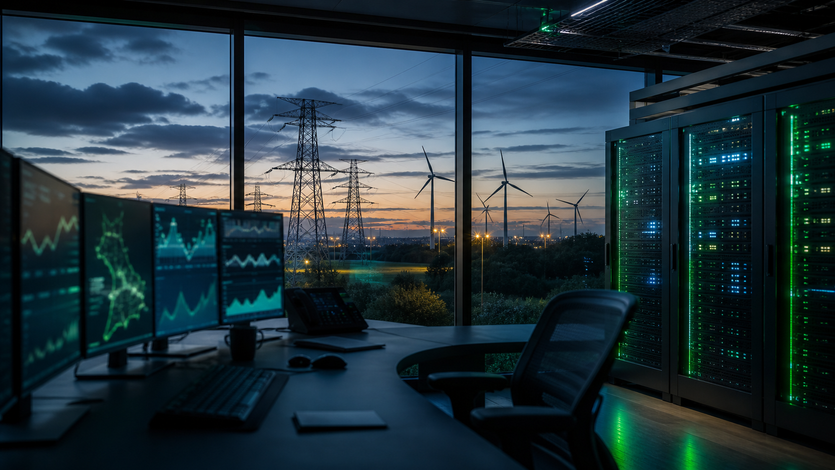Generated editorial view of a UK edge data centre control room with server racks, grid pylons and wind turbines at dusk
