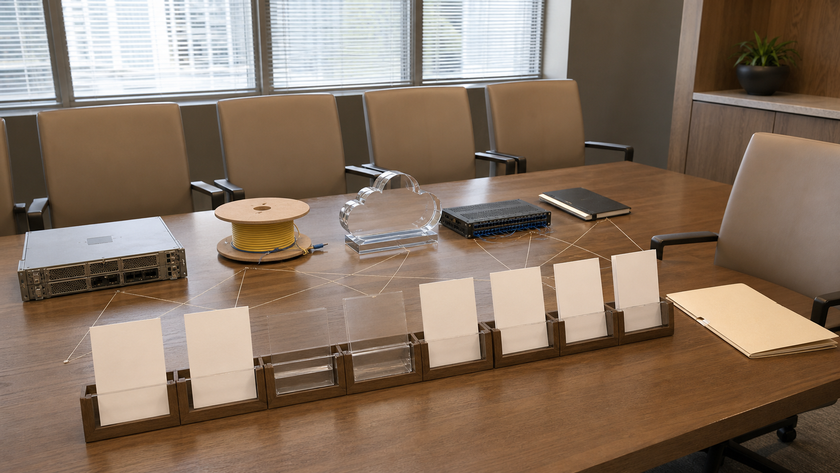 Blank candidate-disclosure cards and transparent archive gaps connect to neutral network-industry objects beside an unoccupied decision chair.
