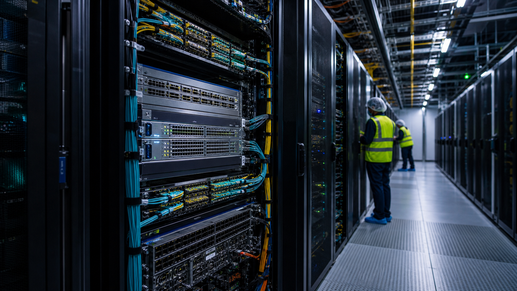 Engineers inspect newly installed routers and switches inside a hyperscale datacenter network aisle.