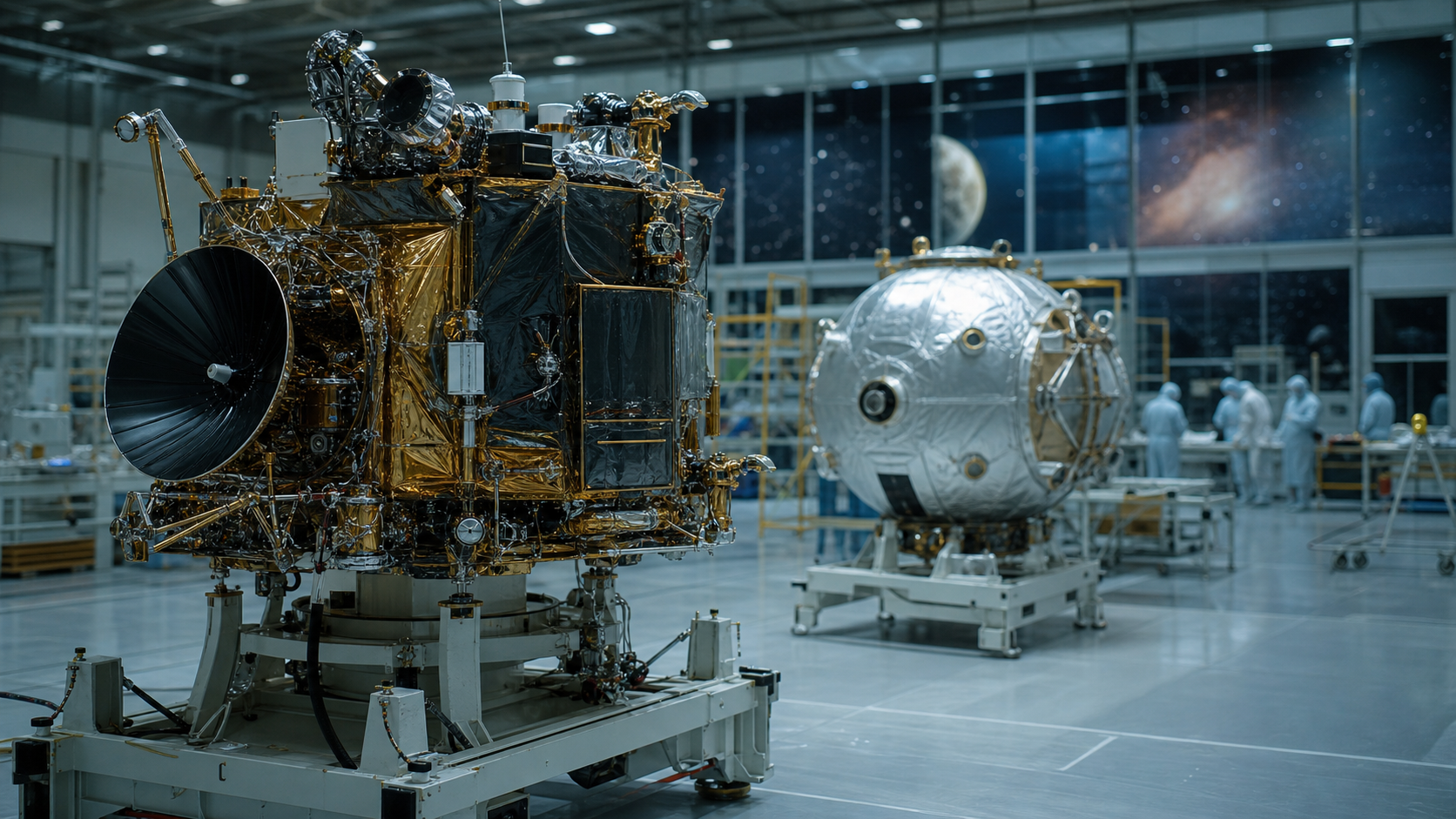 Generated editorial image of an automated deep-space spacecraft in a clean-room assembly hall for NPO Lavochkina