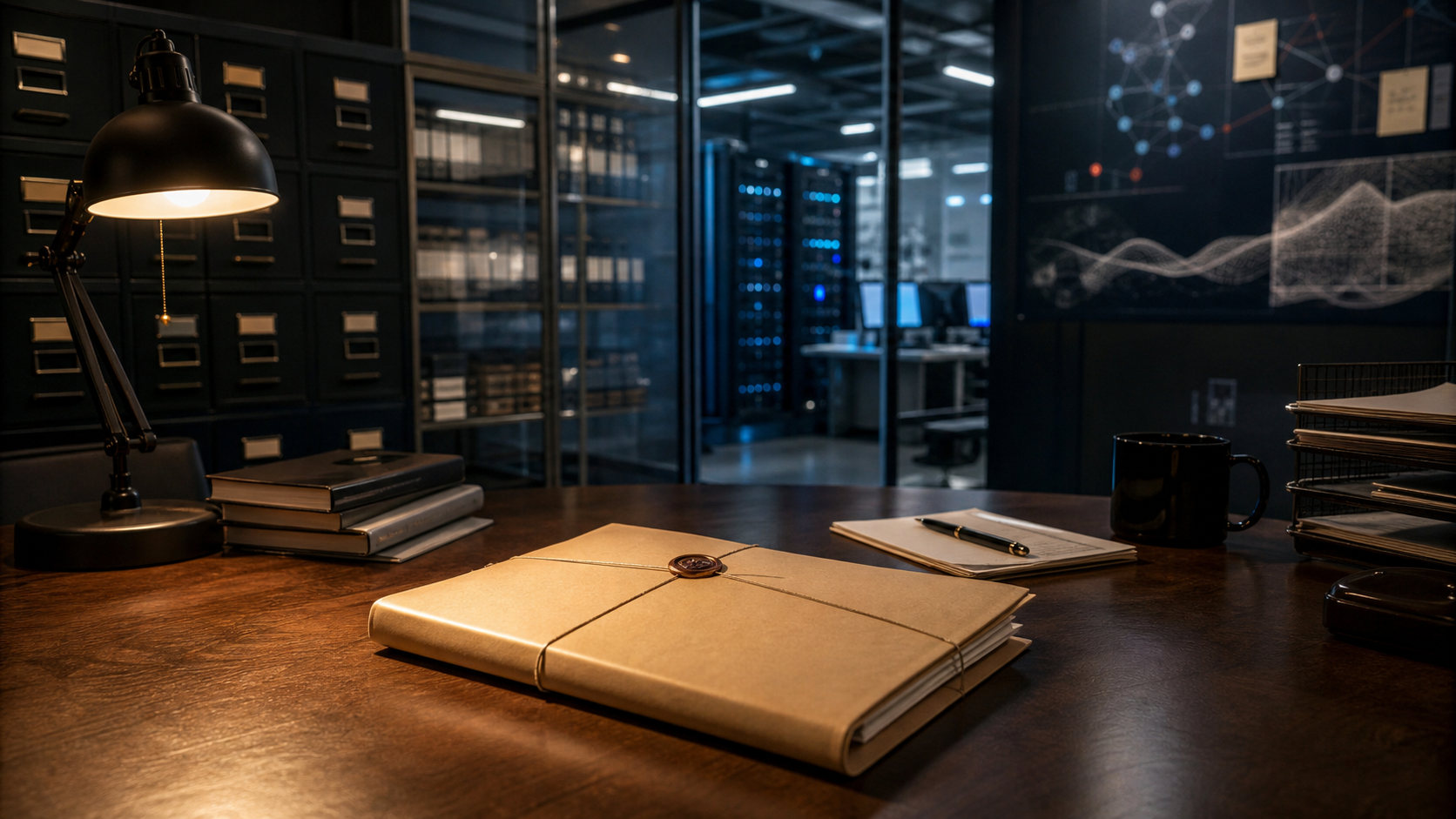 A sealed trademark application folder on a desk between archive cabinets and an AI research operations room, representing a GPT-5 filing signal