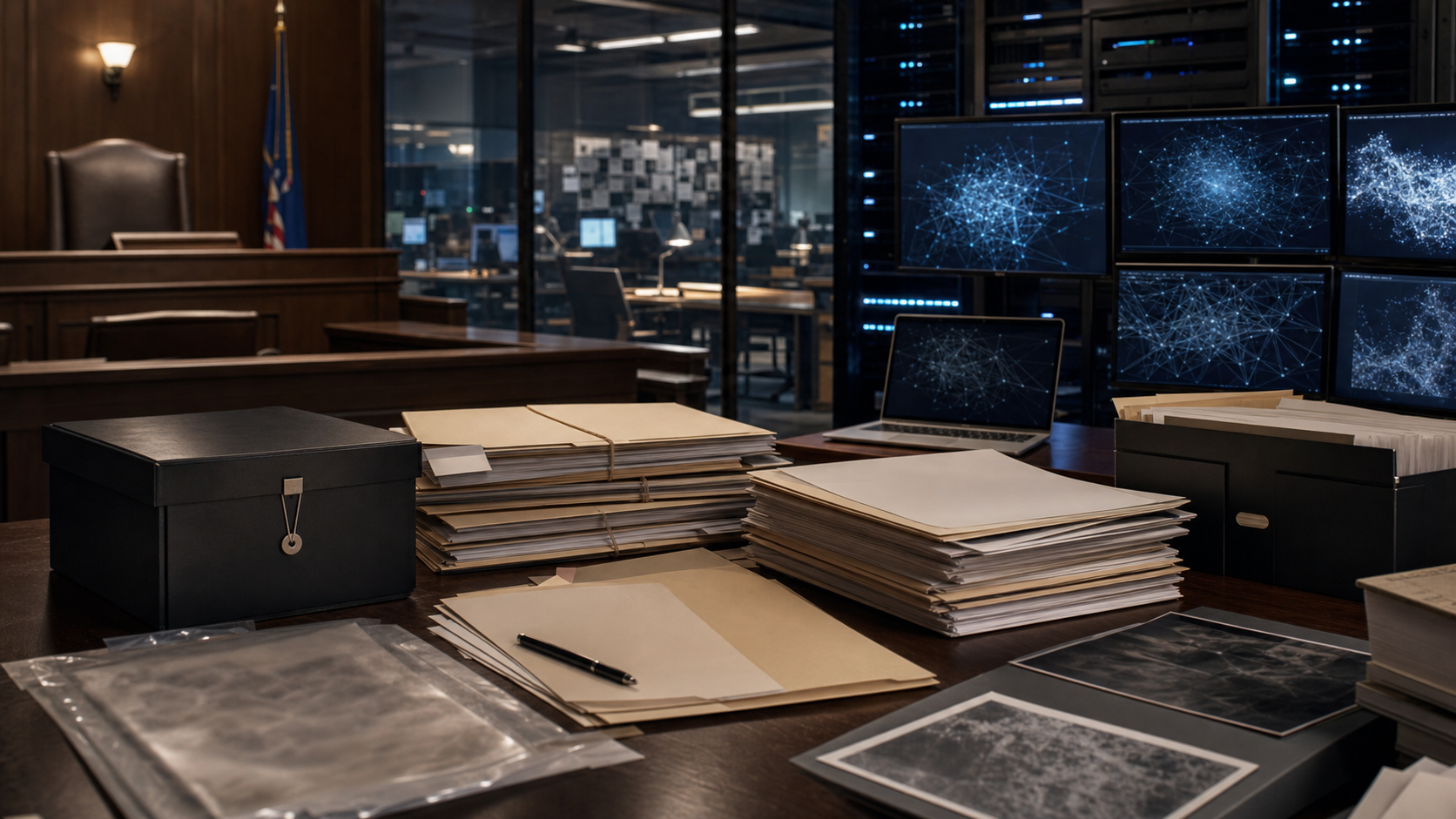 Generated editorial scene of unmarked court evidence, newsroom desks and abstract AI model screens for an AI copyright lawsuit