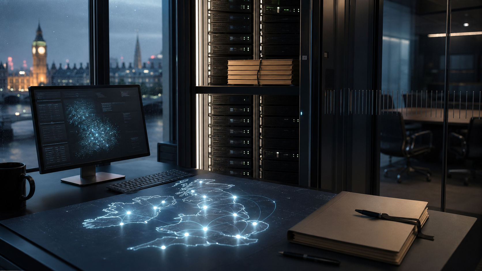 A London government technology operations room with secure servers, sealed policy folders and a glowing UK data-location map
