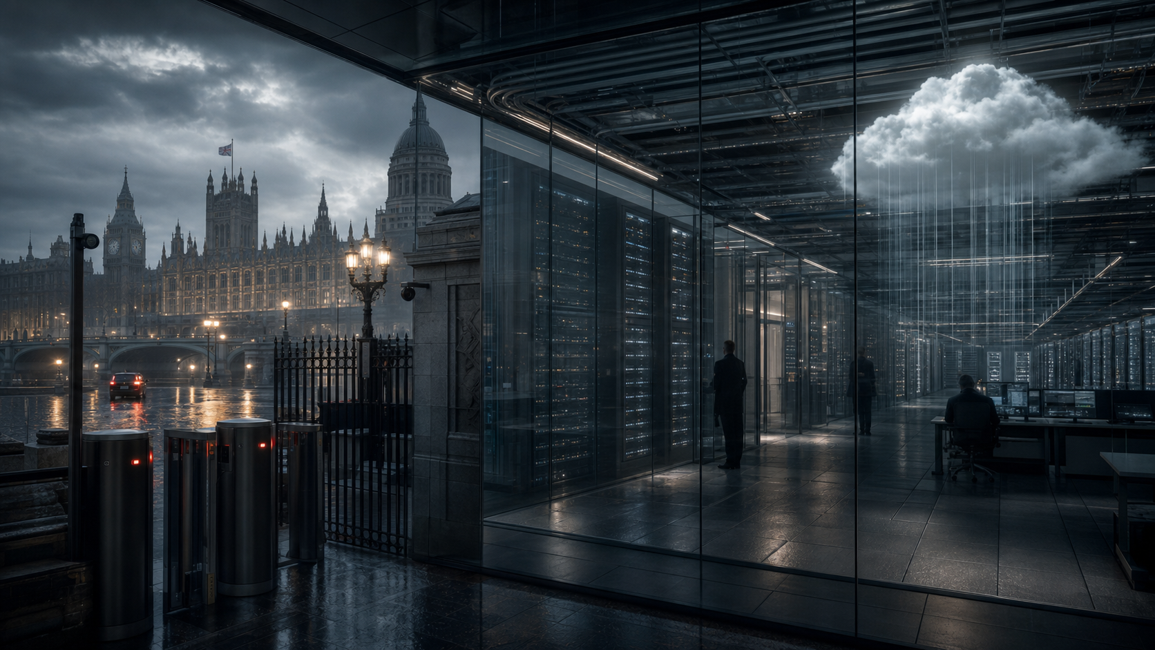 Generated editorial view of a secure UK sovereign cloud operations room with AI compute infrastructure.