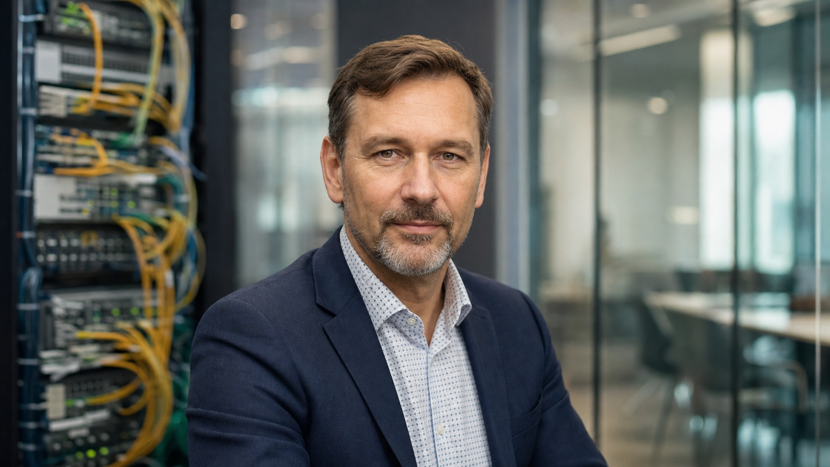 AI editorial portrait of Piotr Srebniak in a Polish fibre-infrastructure advisory context