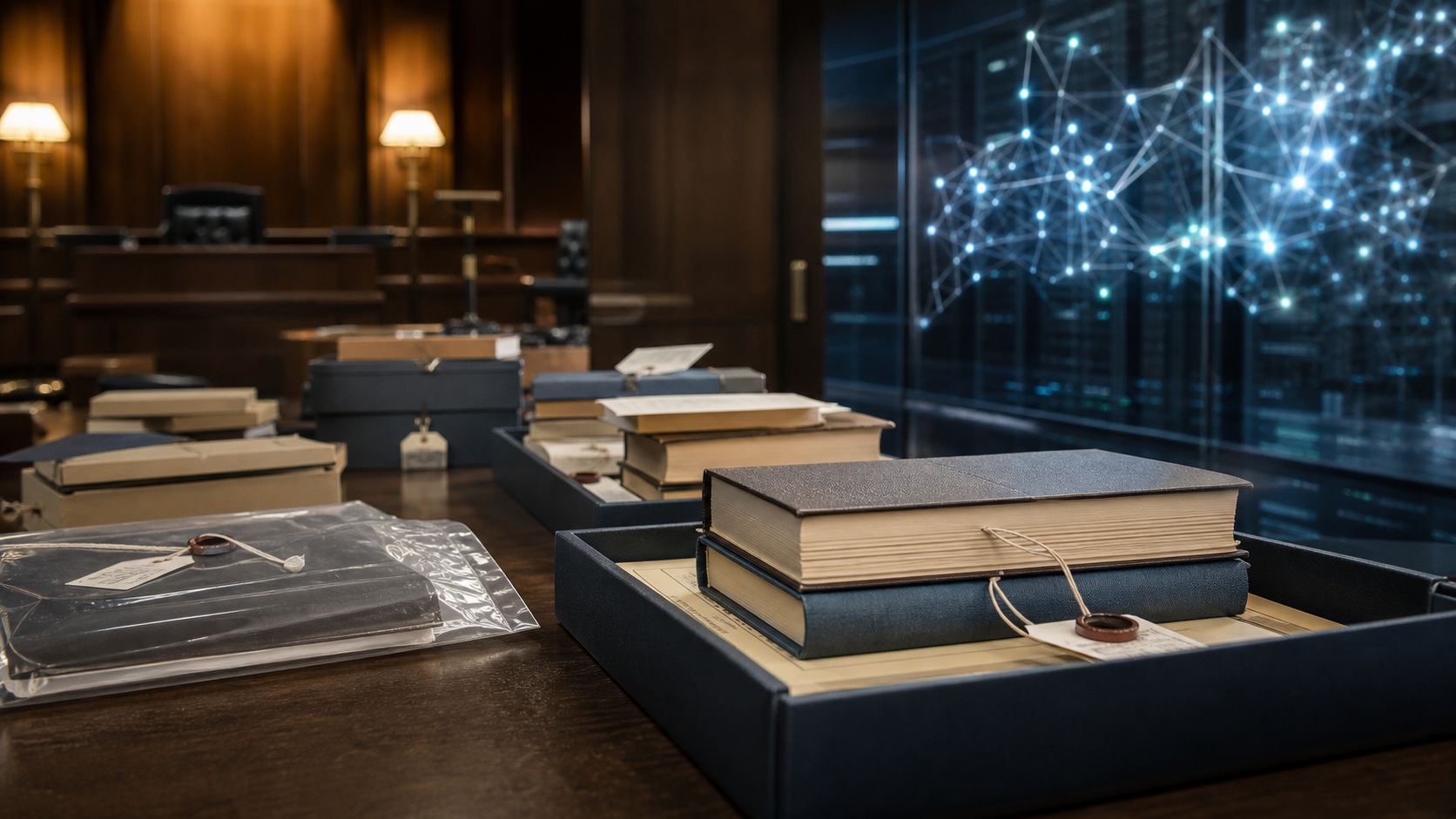 Generated editorial scene of blank books in court evidence trays beside abstract AI model lights for a Google Gemini publisher copyright dispute