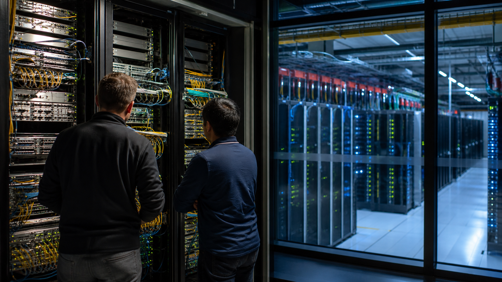 Wide documentary-style view of a generic network operations facility representing prefix-state reconciliation and route reachability