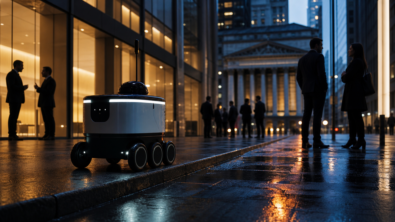 Autonomous sidewalk delivery robot outside a financial district at dusk with indistinct investor silhouettes and no readable text.