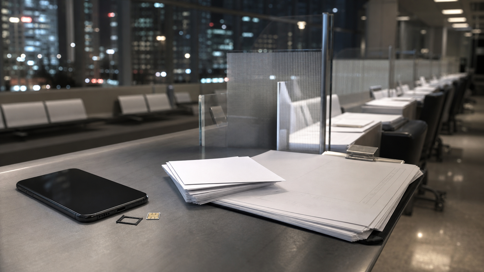 Generated editorial scene of a Seoul telecom service counter with a phone, SIM card and cancellation paperwork after a breach