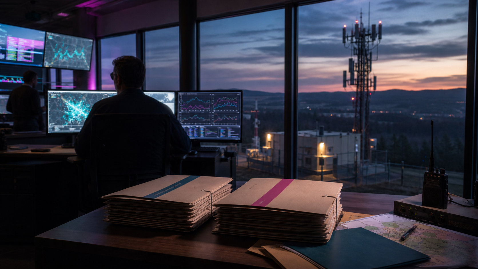 Generated editorial image of a wireless network control room overlooking a rural cell tower during a telecom acquisition handoff.