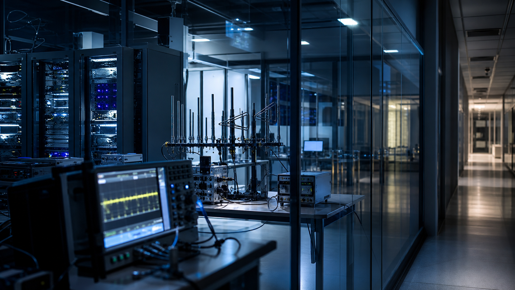 A dim Seoul university wireless lab with RF test equipment and antenna prototypes suggesting VIAVI and Hanyang 6G research work