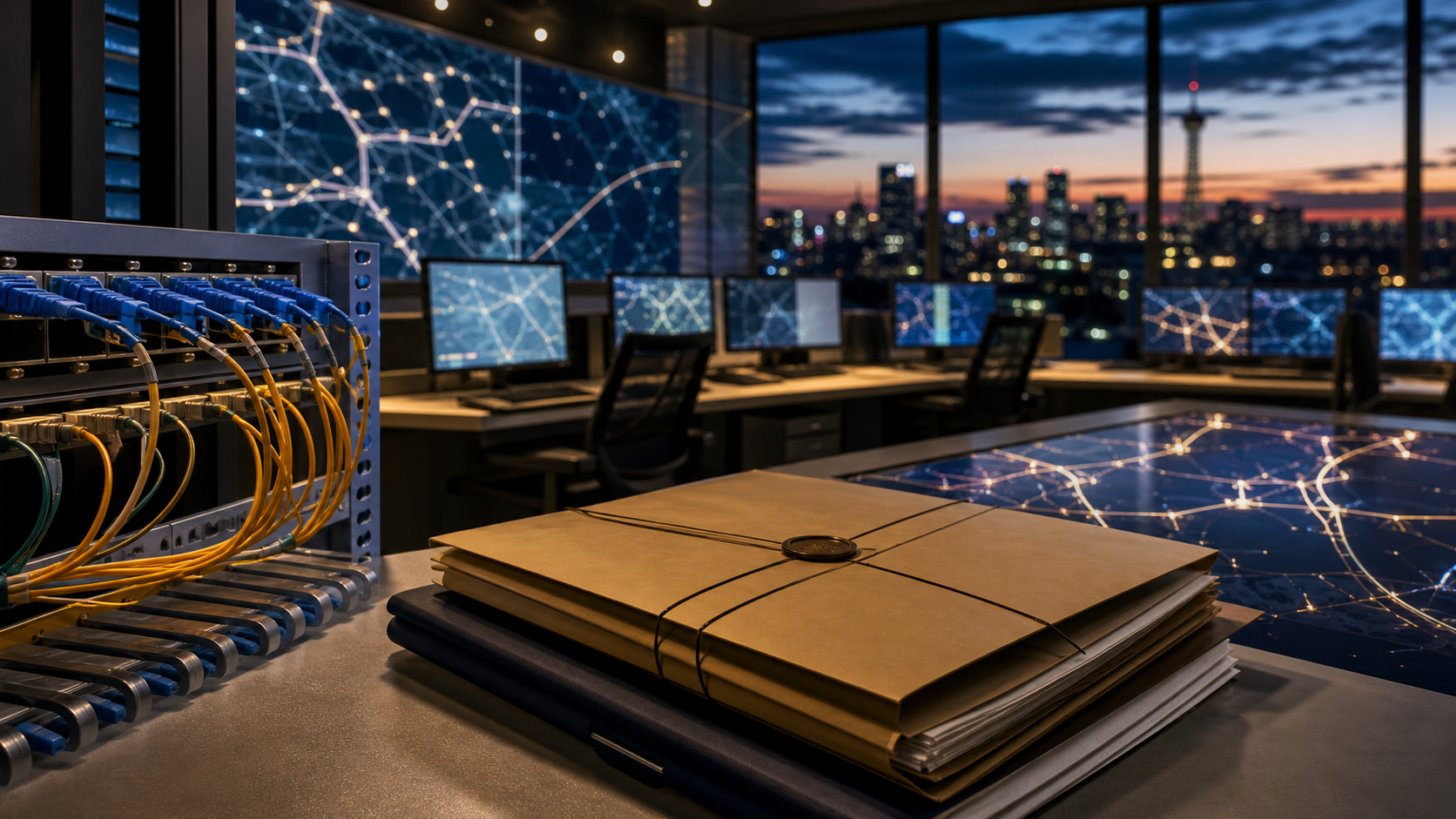 Australian fibre network operations room with optical cross-connects and sealed regulatory folders for the Vocus-TPG fibre clearance.