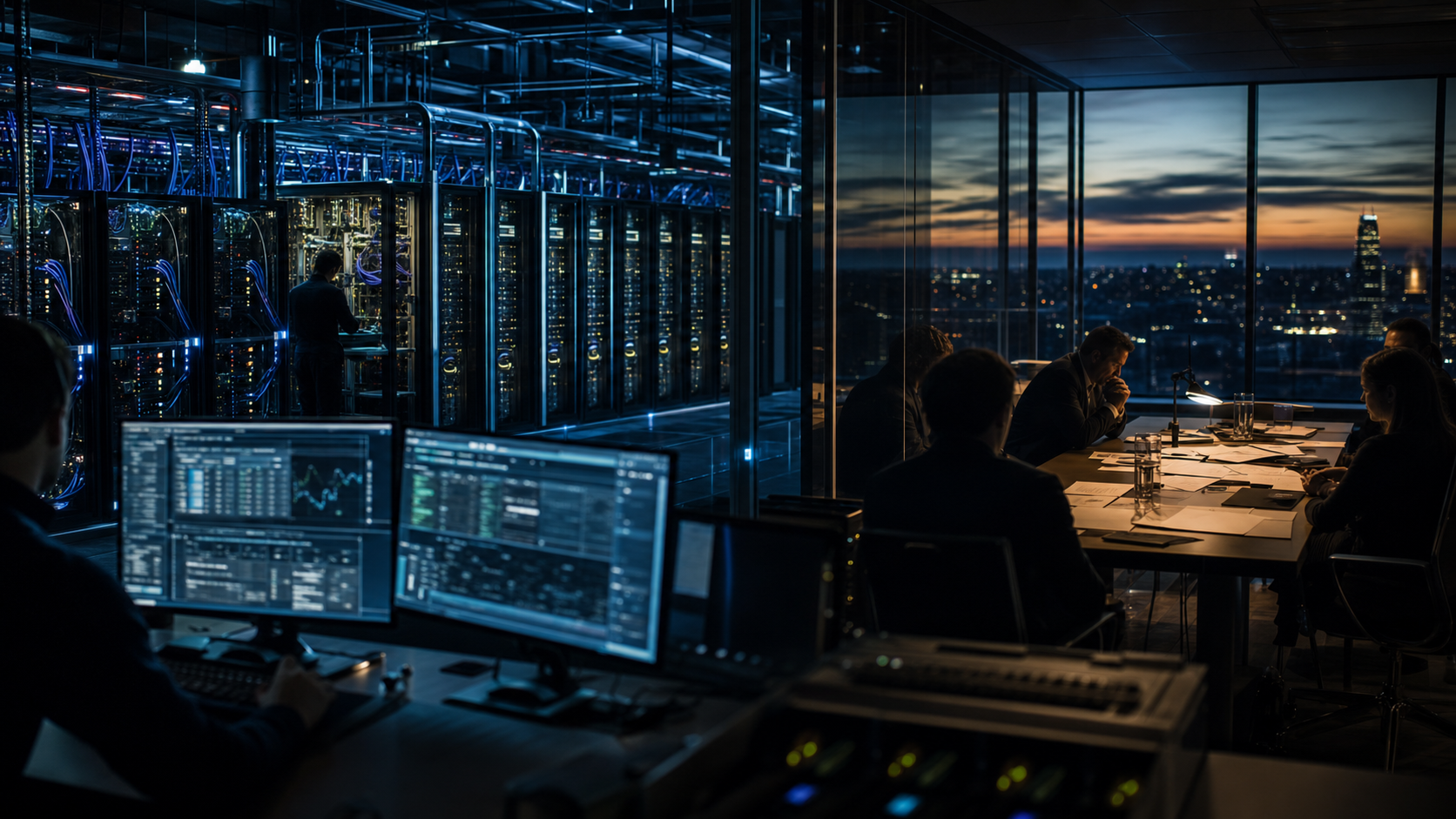 Generated cinematic editorial visual of AI cloud financing pressure beside GPU data center operations