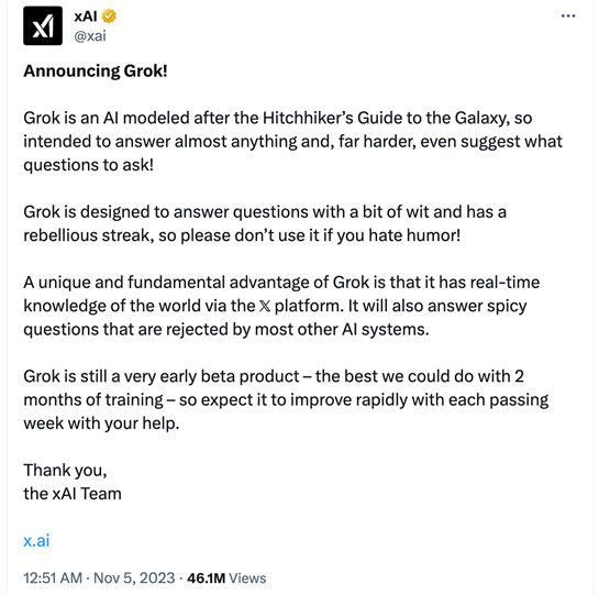  Except Grok has the ability to access real-time knowledge through the X platform, formerly known as Twitter.