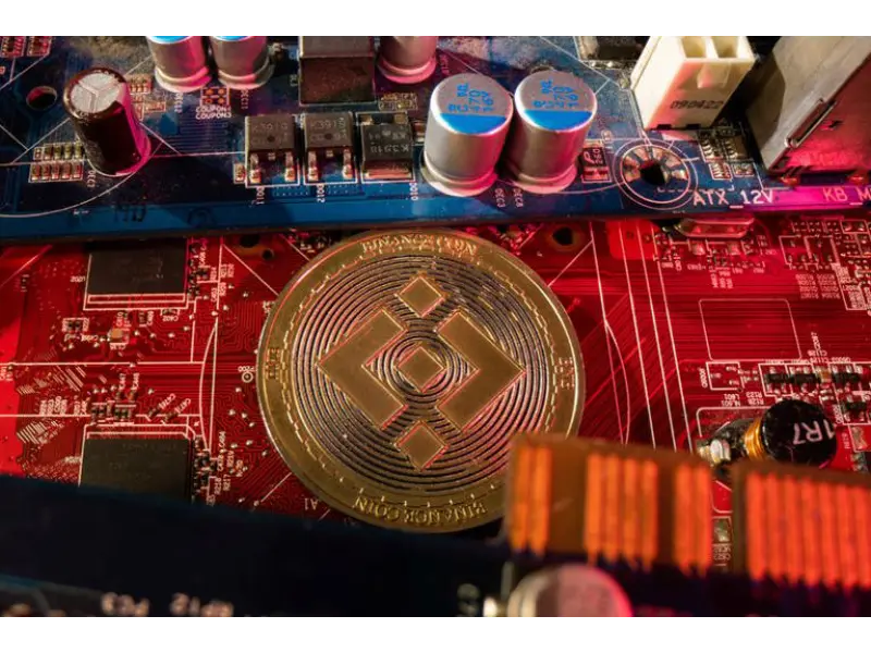 -A -representation- of -cryptocurrency -Binance- is- placed -on- a -PC -motherboard-