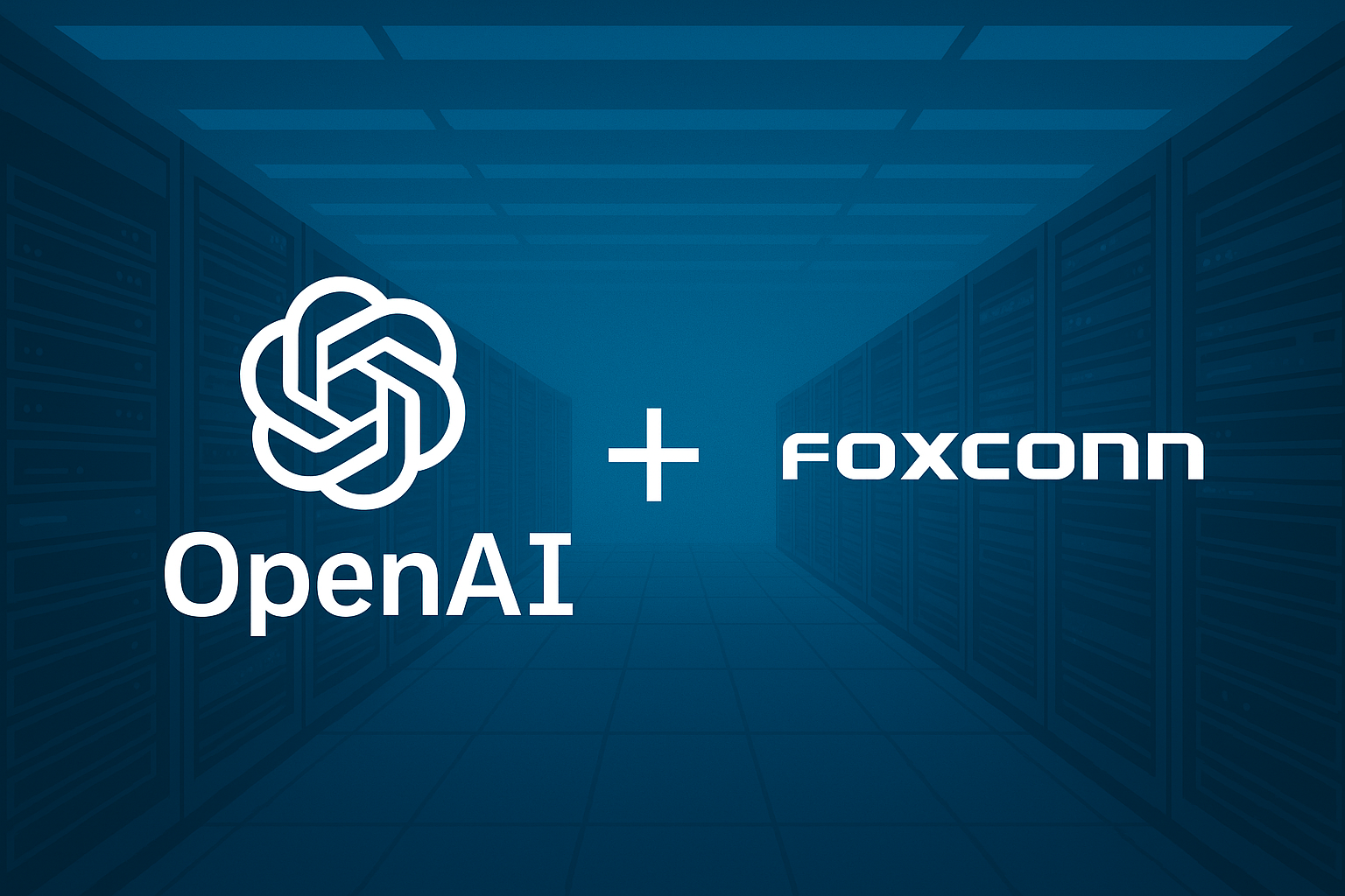 OpenAI and Foxconn logos over a data-centre background