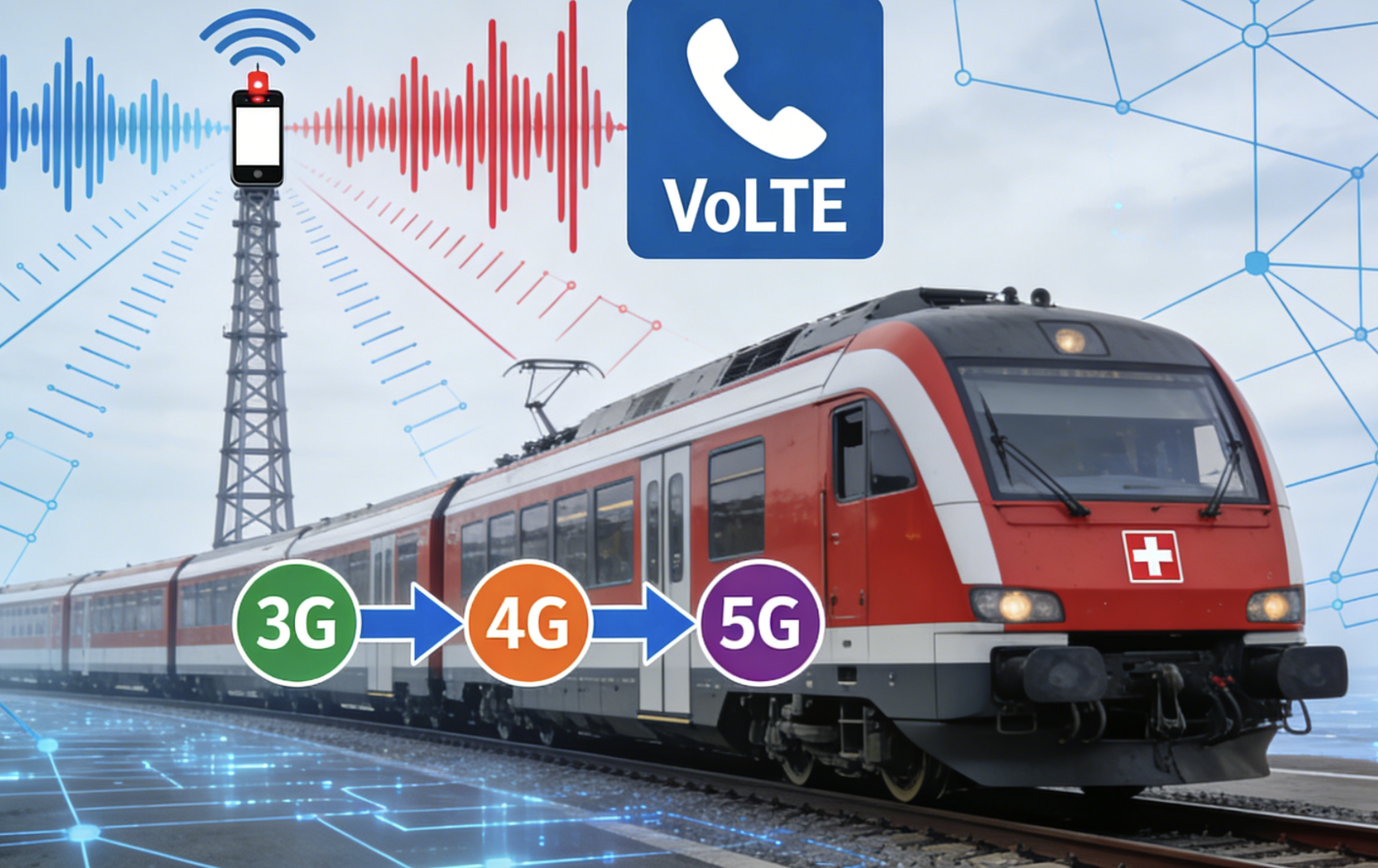 Abstract visualization of Switzerland’s railway network transitioning to VoLTE