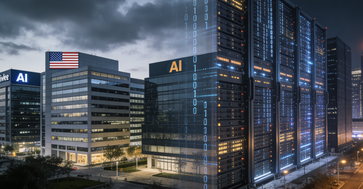 Abstract tech artwork depicting Nvidia’s caution about US falling behind China in global AI infrastructure and the broader implications for the AI race