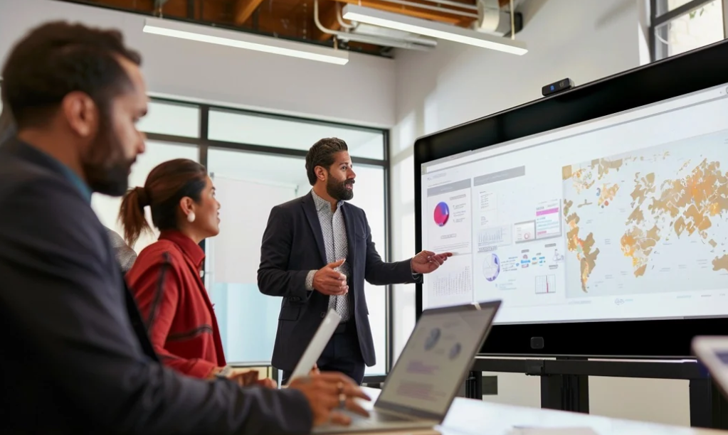 Futuristic-office-with-AI-agents-assisting-collaborative-team-workflows