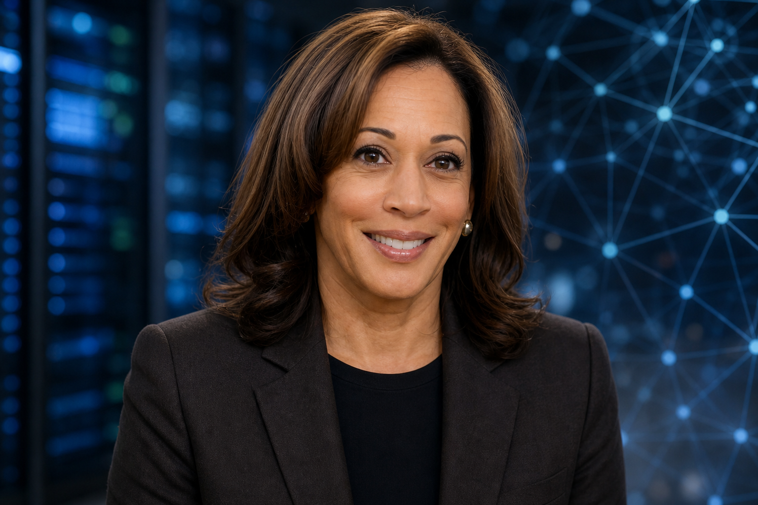 AI-generated editorial portrait of Kamala Harris based on a public profile photo