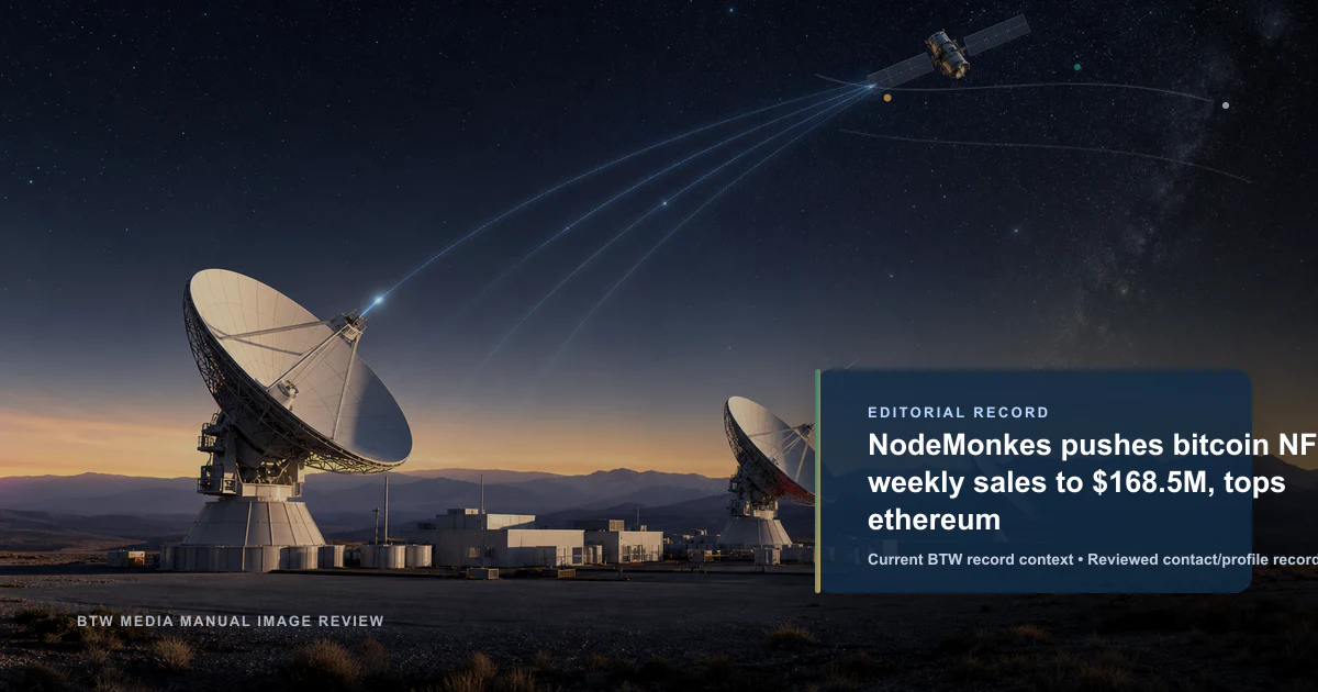 NodeMonkes pushes bitcoin NFT weekly sales to $168.5M, tops ethereum reviewed editorial briefing visual
