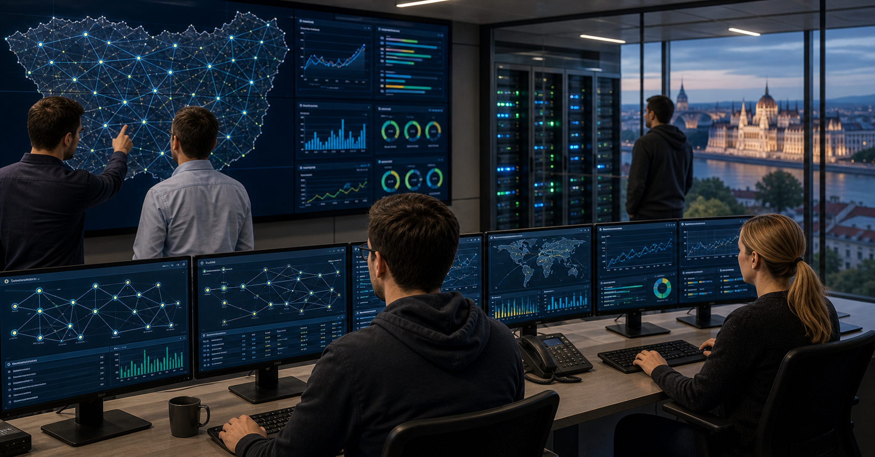 AI editorial image of BIX Hungarian internet exchange peering and route-server operations.