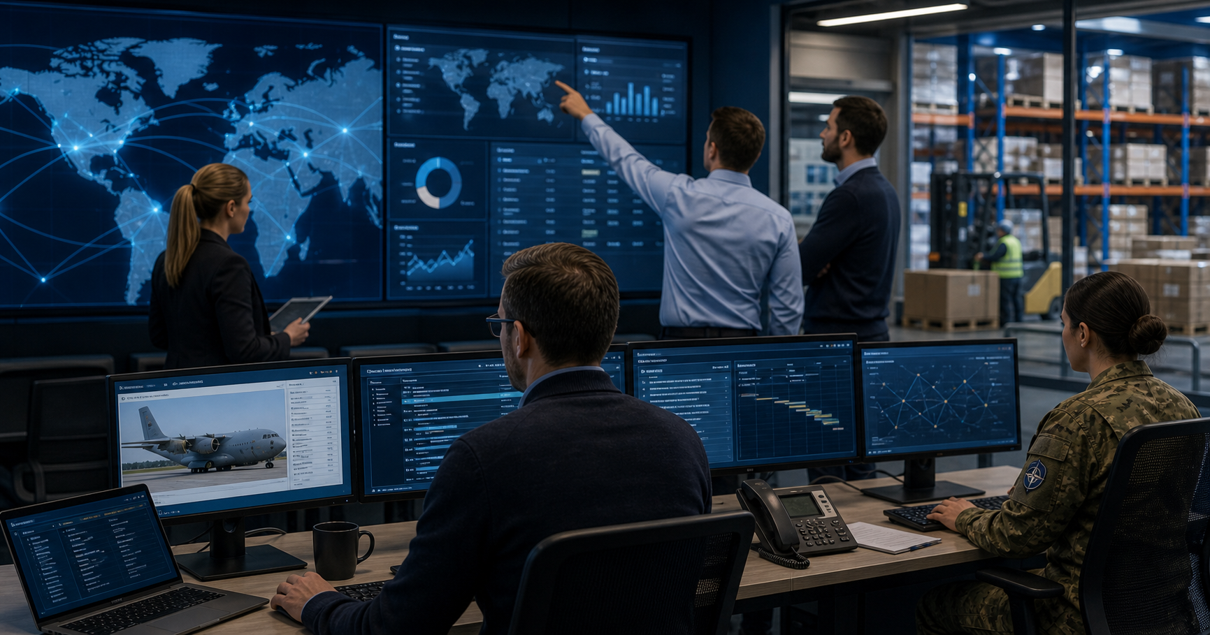 AI editorial image of a secure defense logistics and procurement operations room.