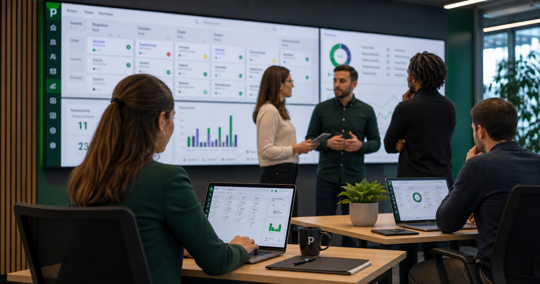 AI editorial image of a Pipedrive-style CRM operations room with sales pipeline dashboards.