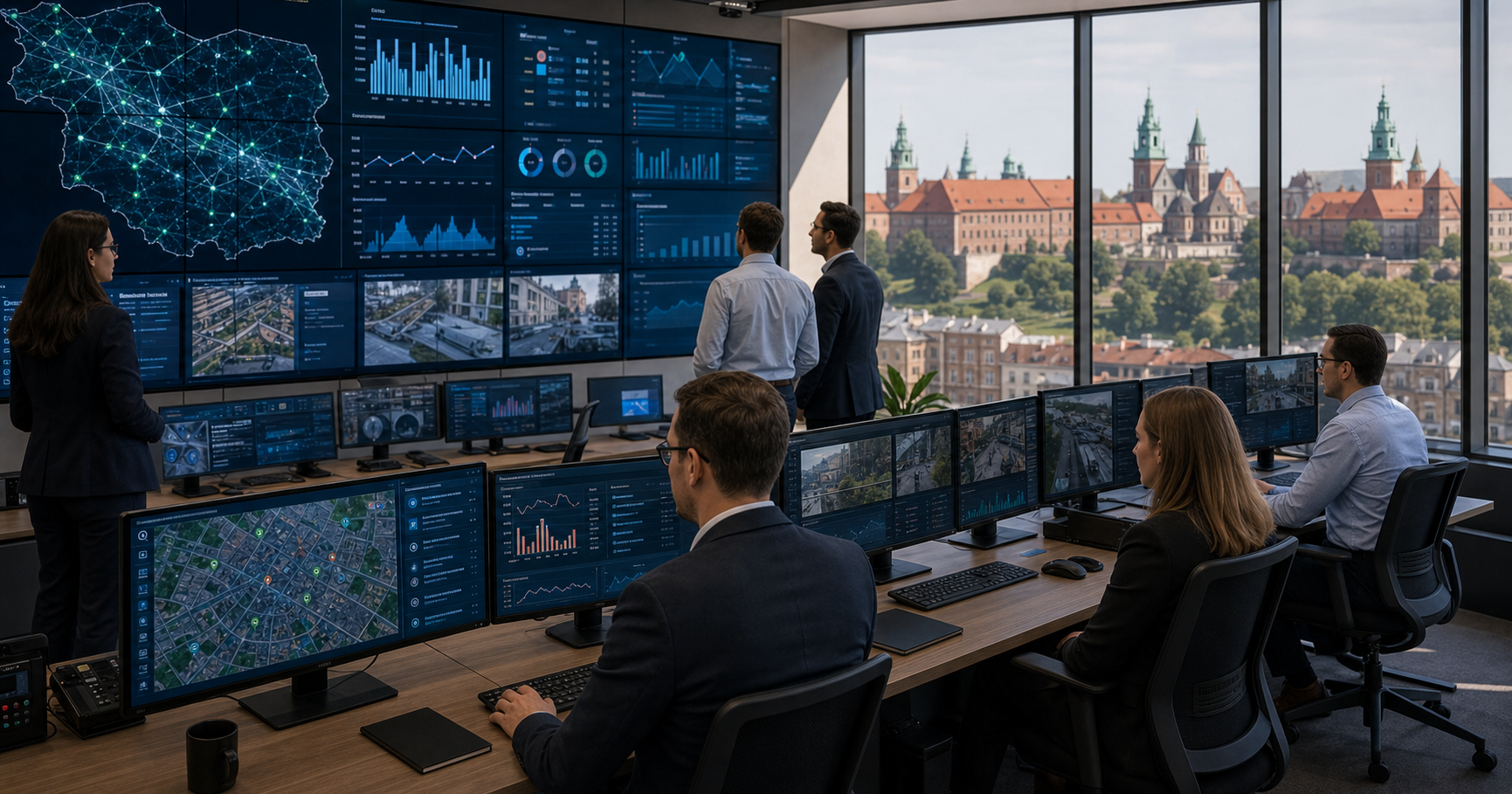 AI editorial image of Krakow city government digital services and municipal network operations.